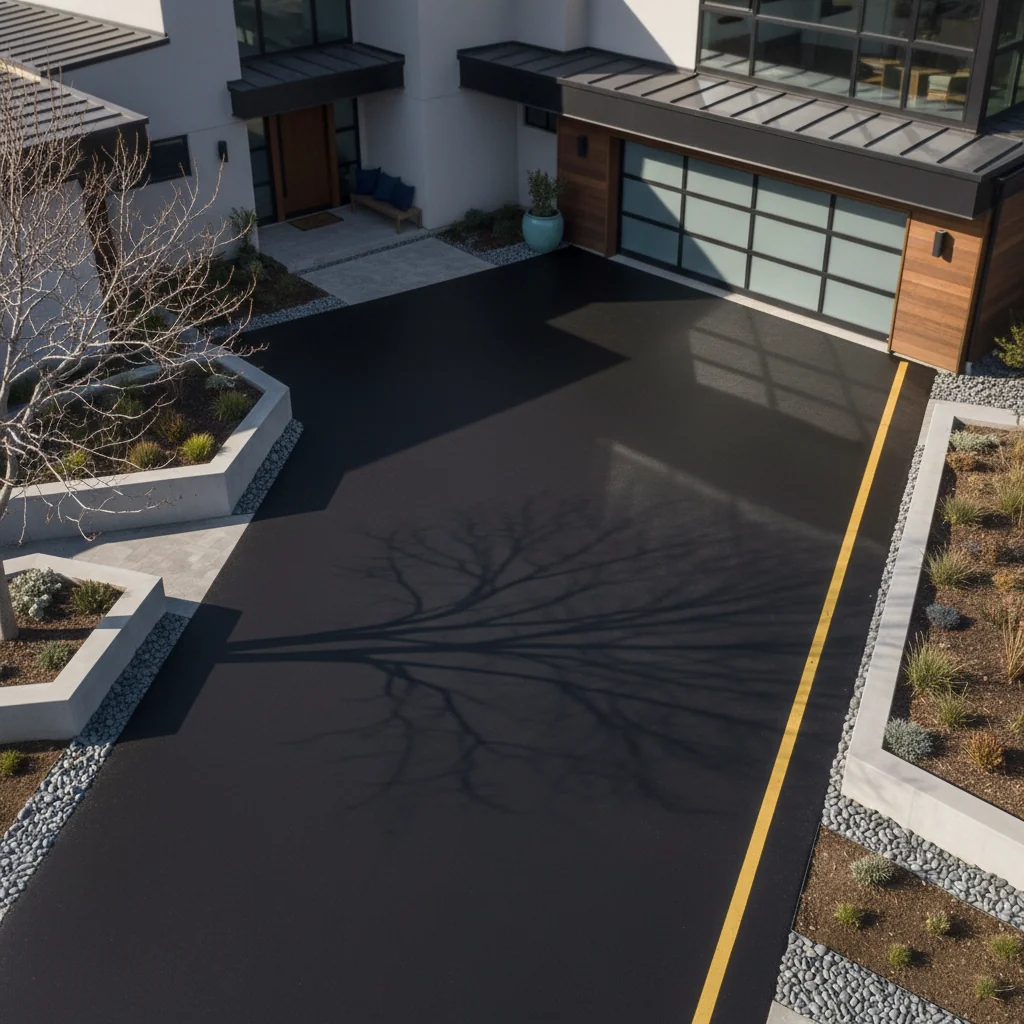Overhead view of a freshly sealed black asphalt driveway