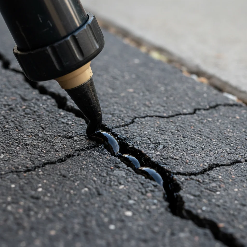 Close-up of cracked asphalt being filled with crack filler