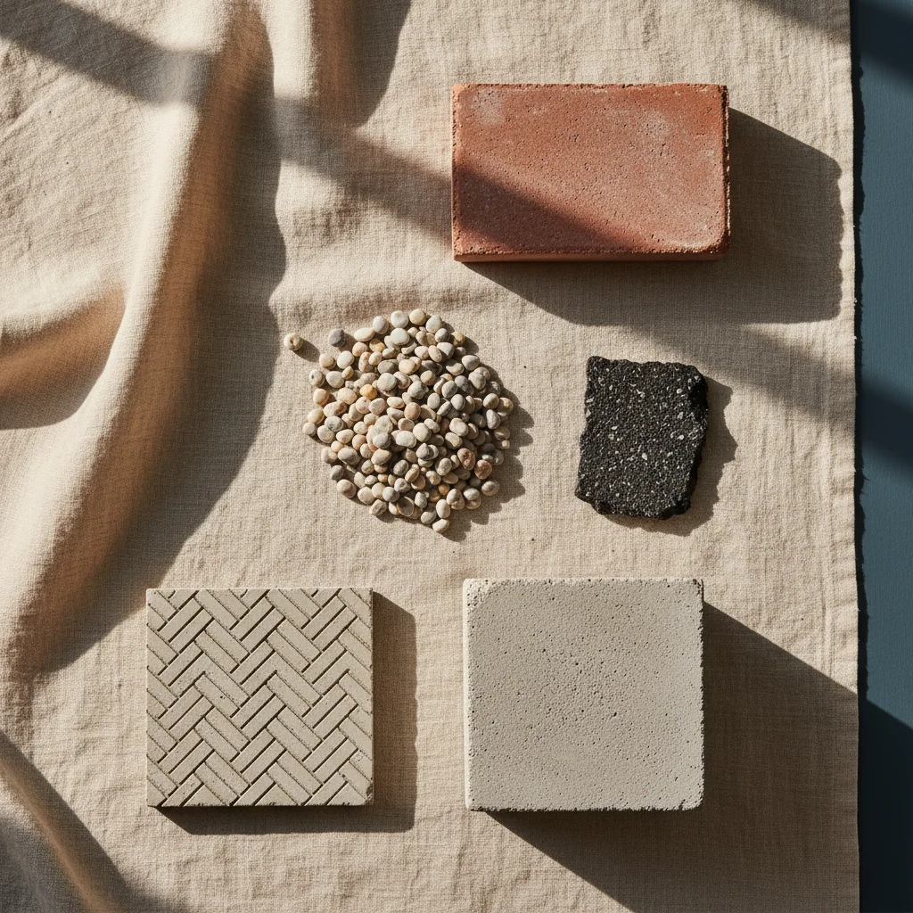 Flat-lay of 5 driveway material samples on linen