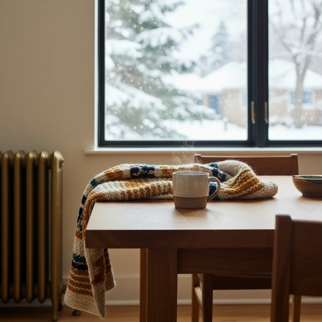 Warm-wood dining table with ceramic mug and wool throw, brass radiator visible