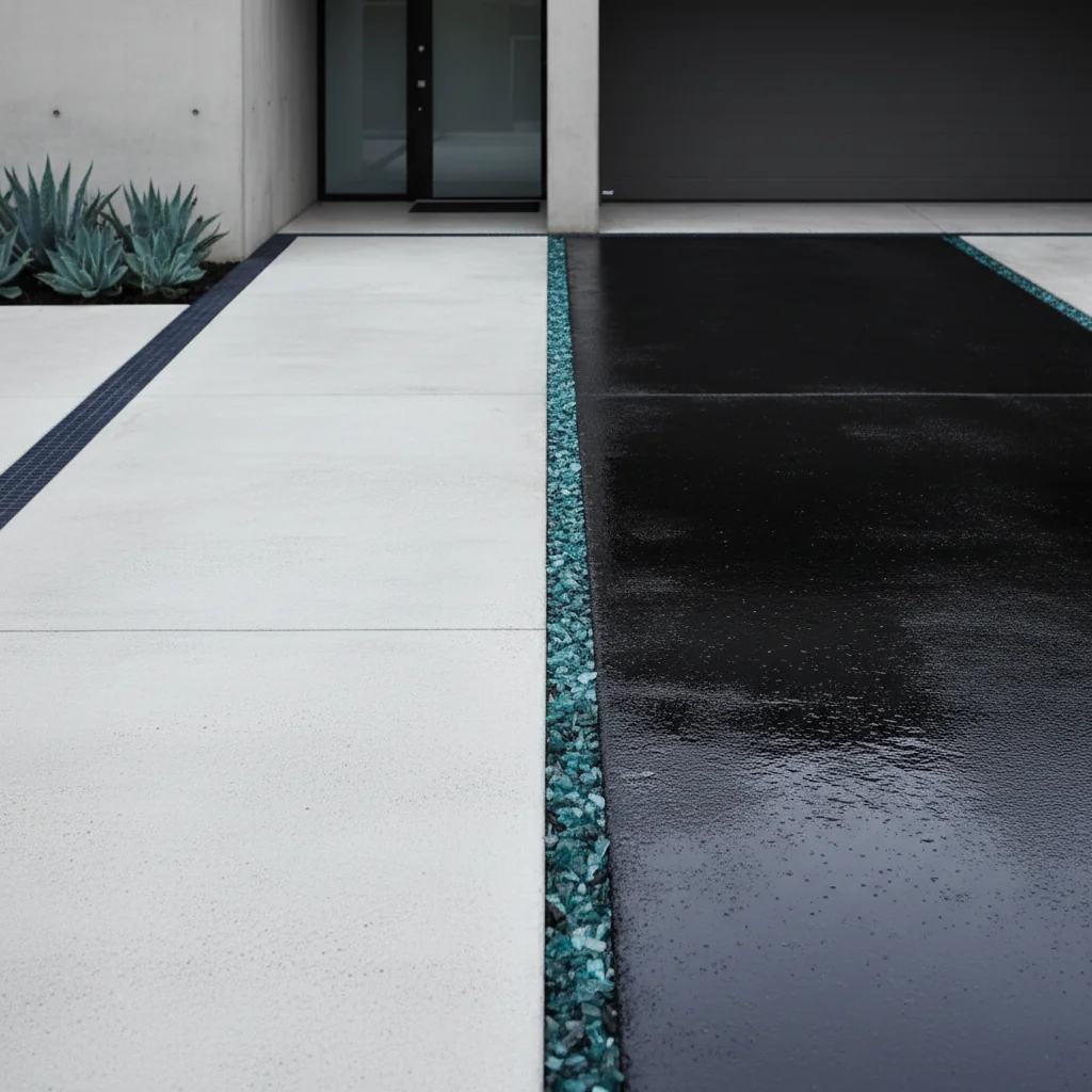 Split composition showing concrete and asphalt driveway surfaces side by side
