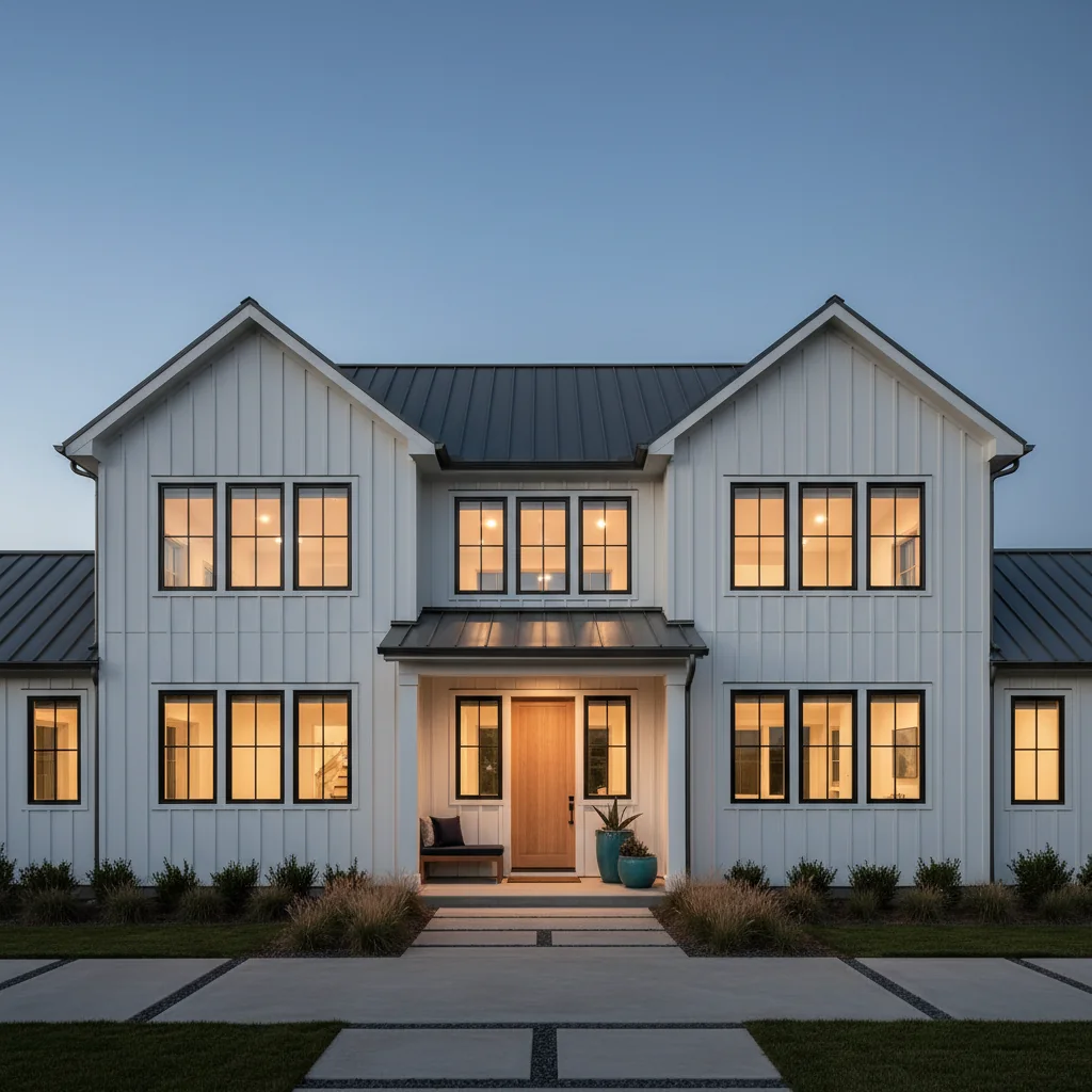 Modern two-story farmhouse at dusk with freshly replaced dark-framed windows