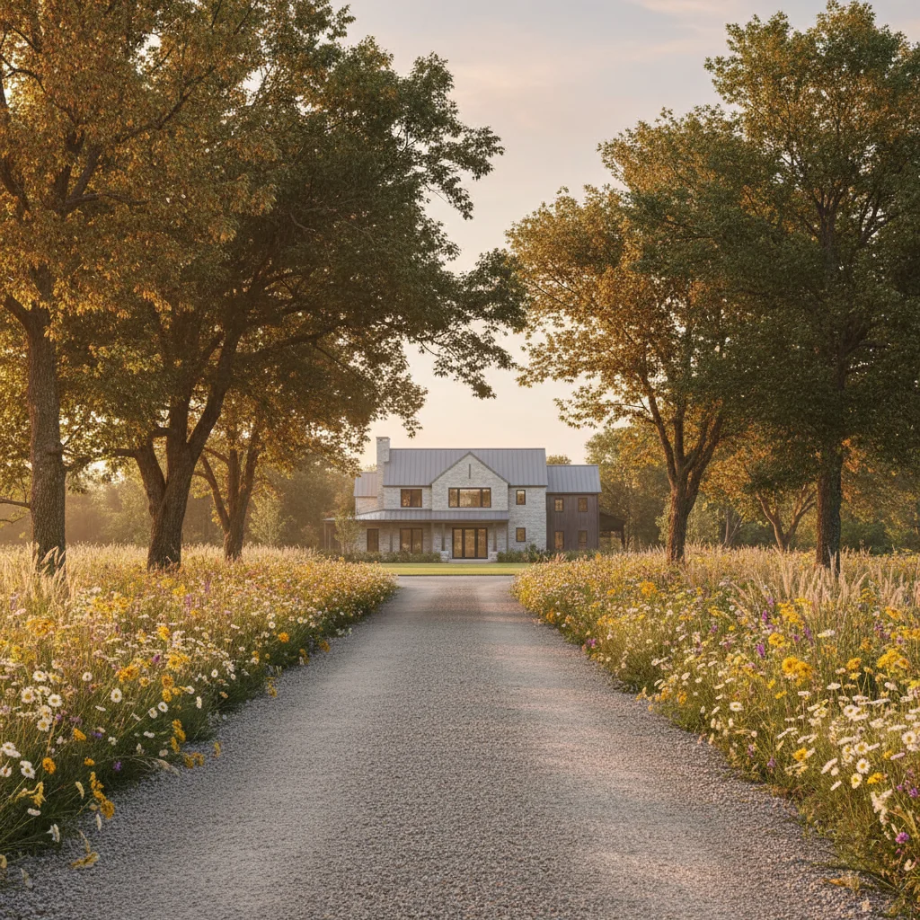 Pea-gravel driveway lined with wildflowers and mature trees
