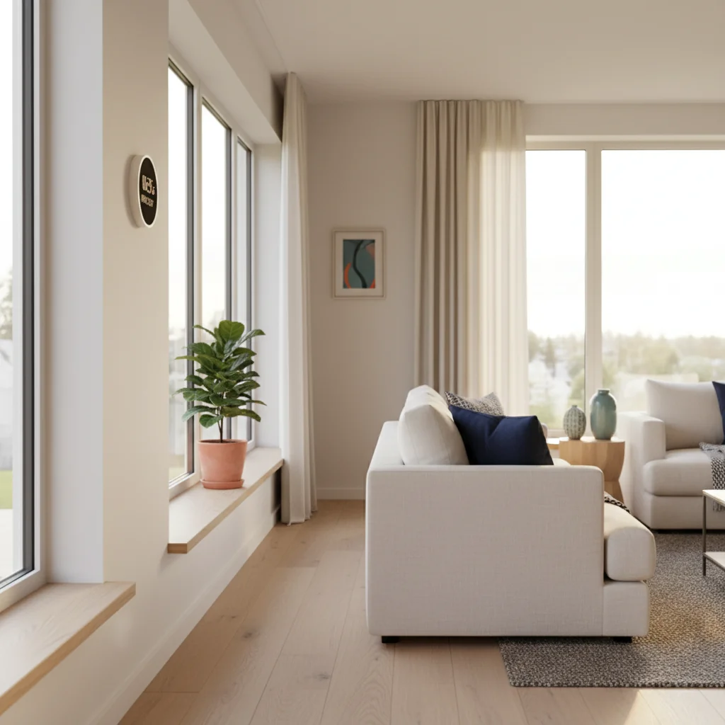Living room bathed in soft morning sunlight through new windows