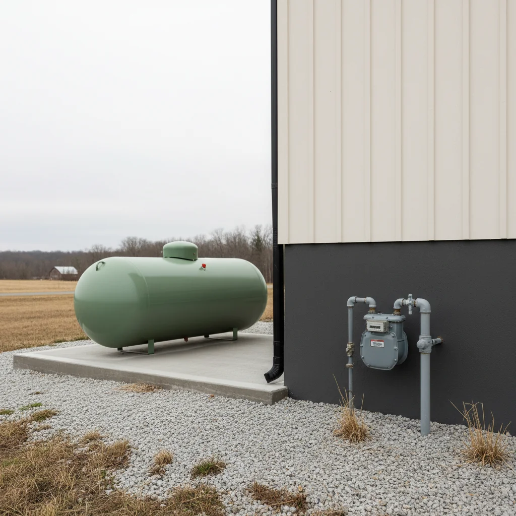 Sage-green propane tank and natural-gas meter on a rural home foundation