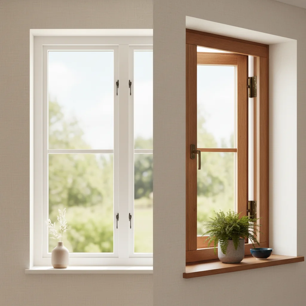 Split composition showing vinyl and wood window styles