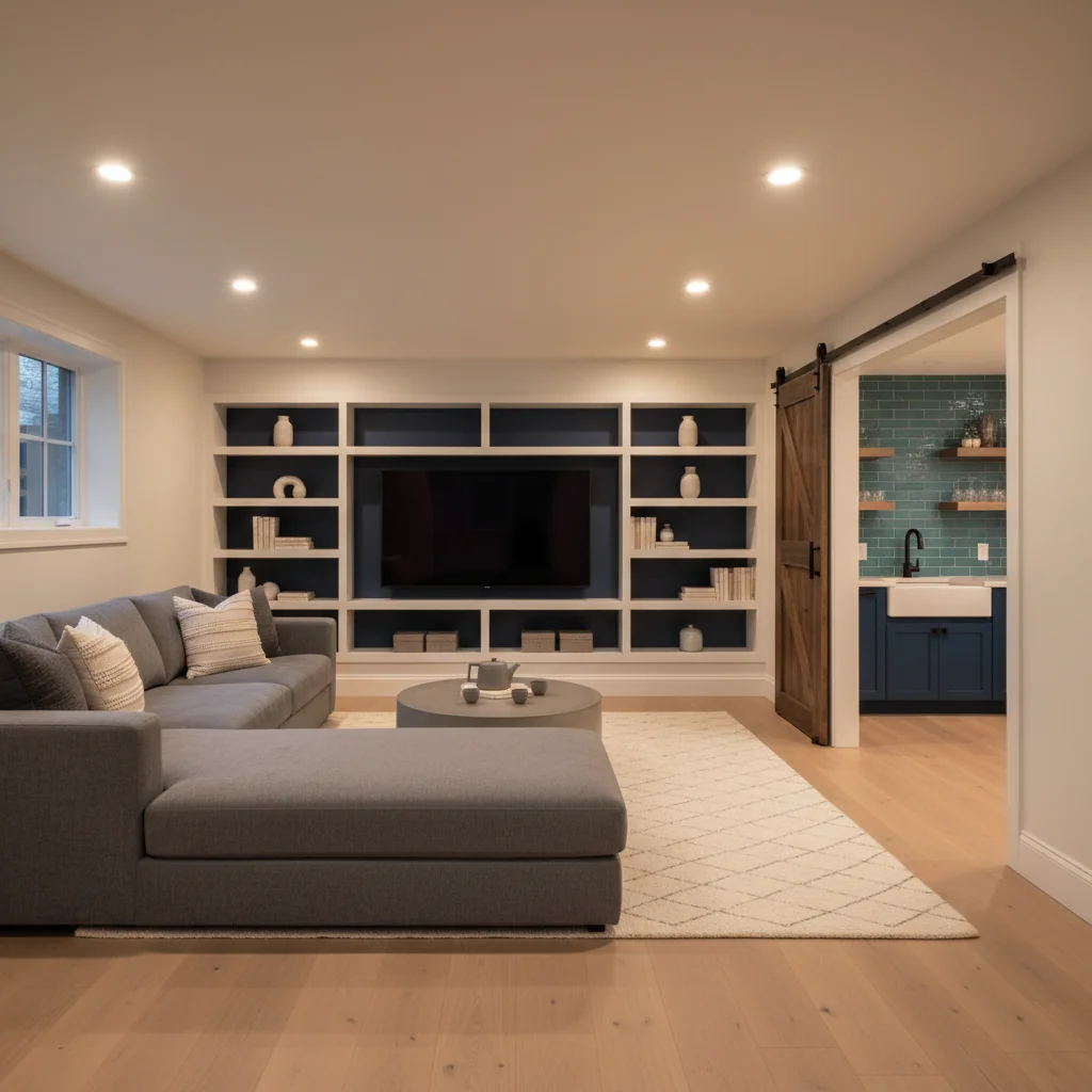 Finished basement family room with pale oak flooring and built-in media wall
