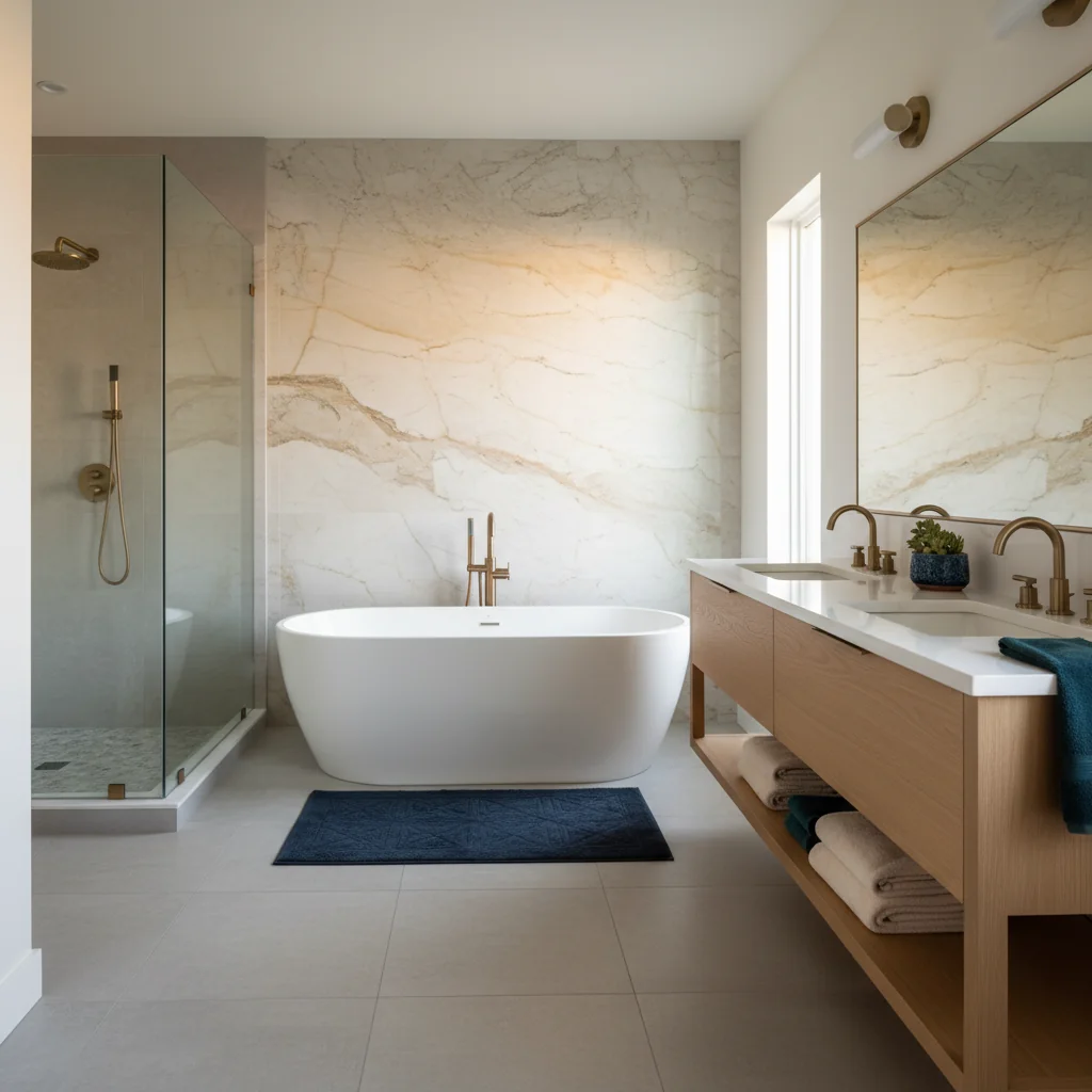 Modern primary bathroom with freestanding tub, marble accent wall, brass fixtures