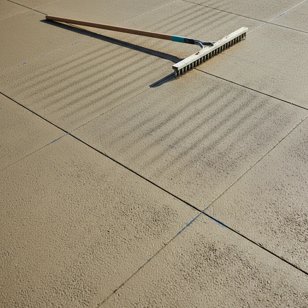 Freshly poured concrete slab with broom finish and expansion joints