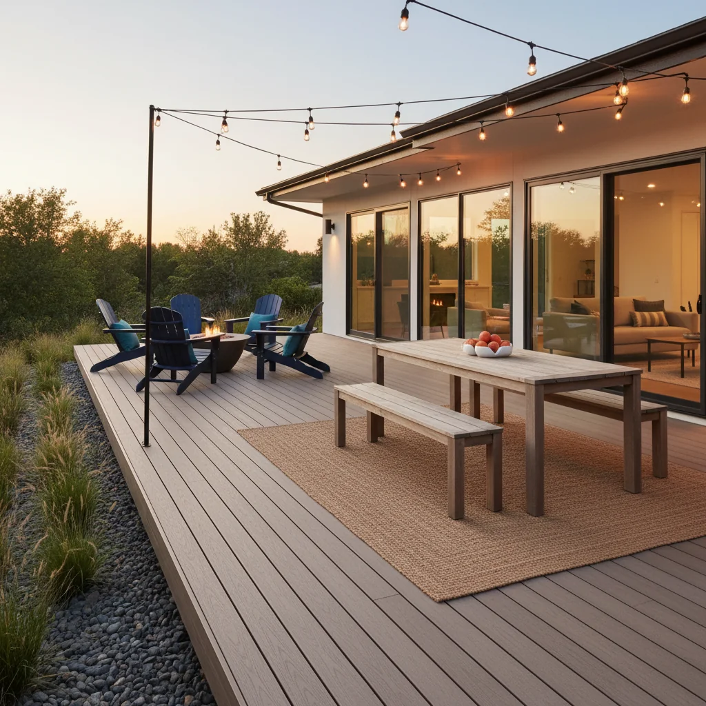 Modern composite deck at dusk with string lights and outdoor dining