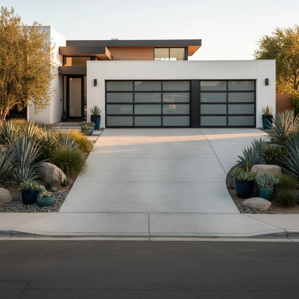 Modern home driveway at golden hour leading to a contemporary two-car garage