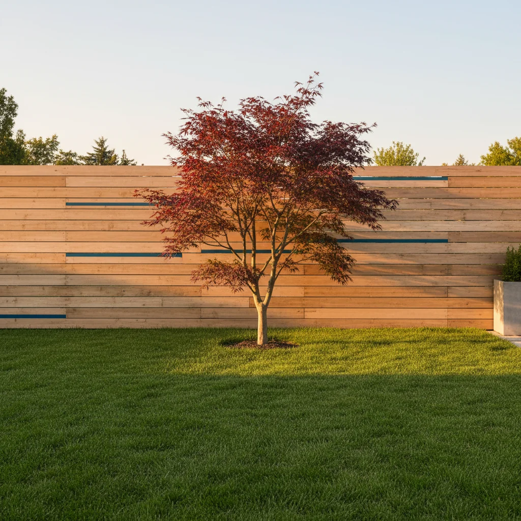 Modern horizontal-slat cedar privacy fence in a landscaped backyard