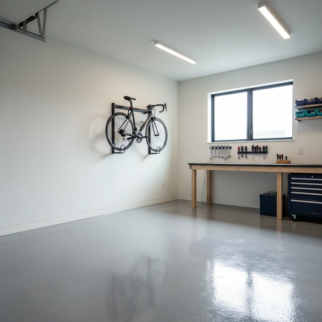 Clean modern garage with metallic-grey epoxy floor coating