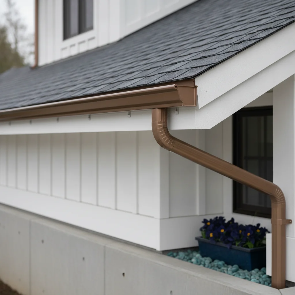 Close-up of seamless aluminum K-style gutters on a residential home