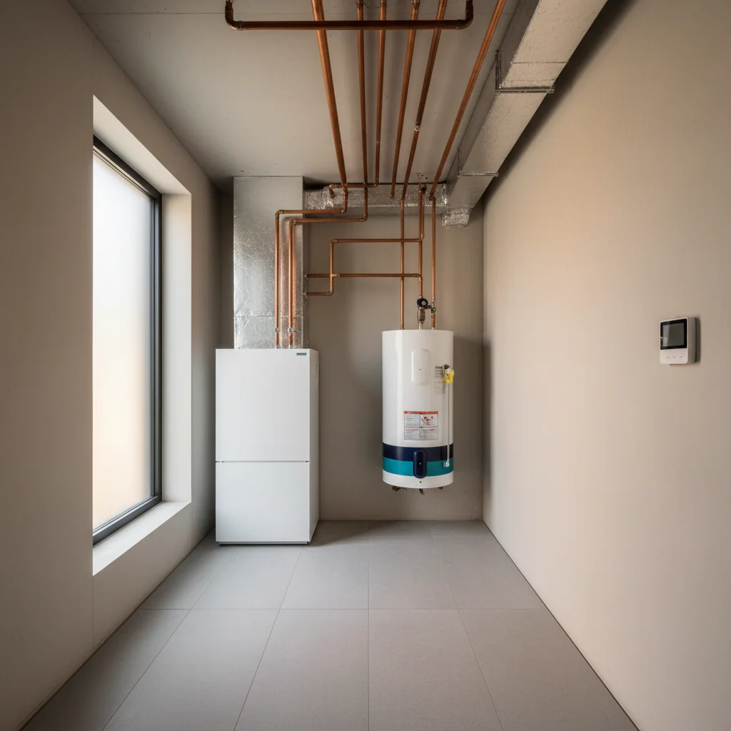 Modern HVAC utility room with high-efficiency furnace and copper piping