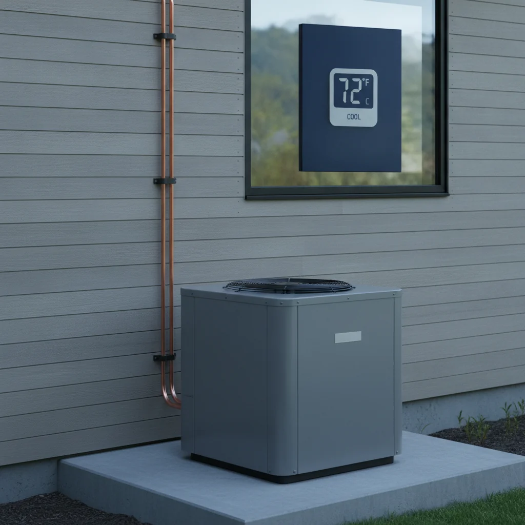 Modern HVAC condenser unit installed beside a residential home