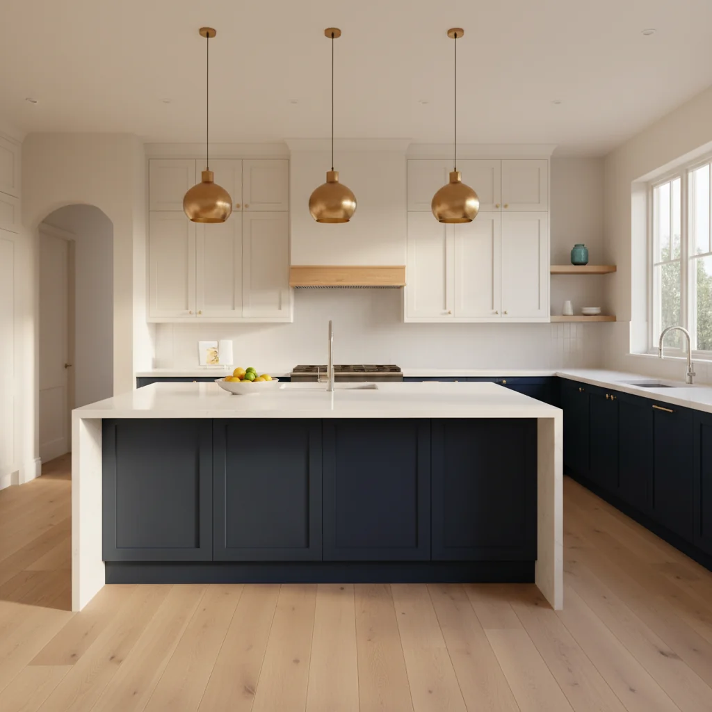 Modern renovated kitchen with navy cabinets, brass pendants, and pale oak floors