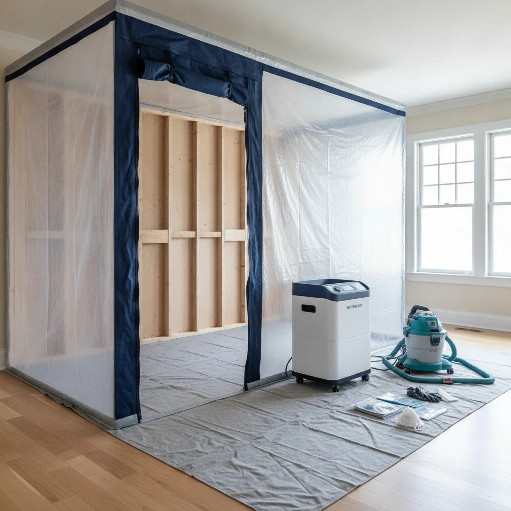 Professional mold remediation containment setup with poly sheeting and air scrubber in a residential room