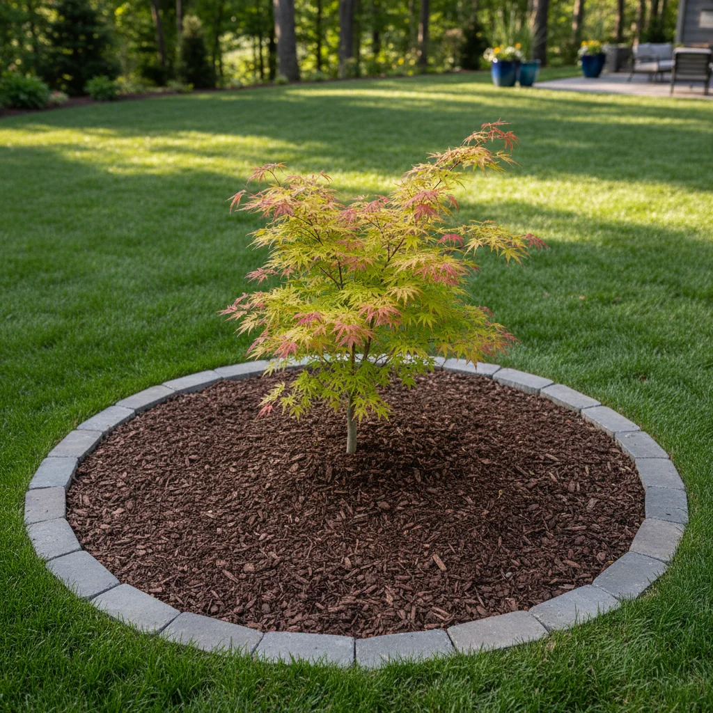 Freshly mulched garden bed around a young Japanese maple