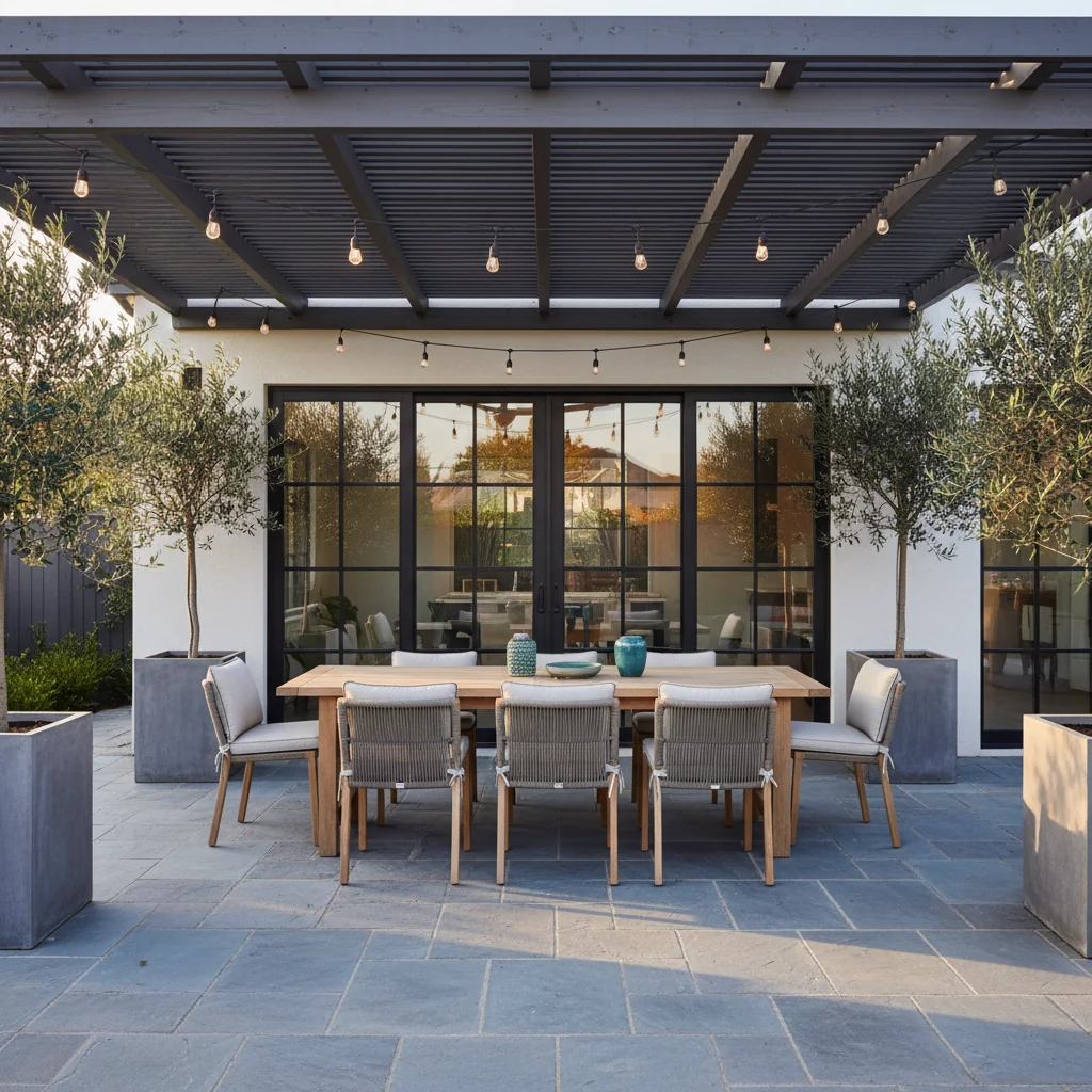 Modern backyard bluestone patio with outdoor dining and olive trees