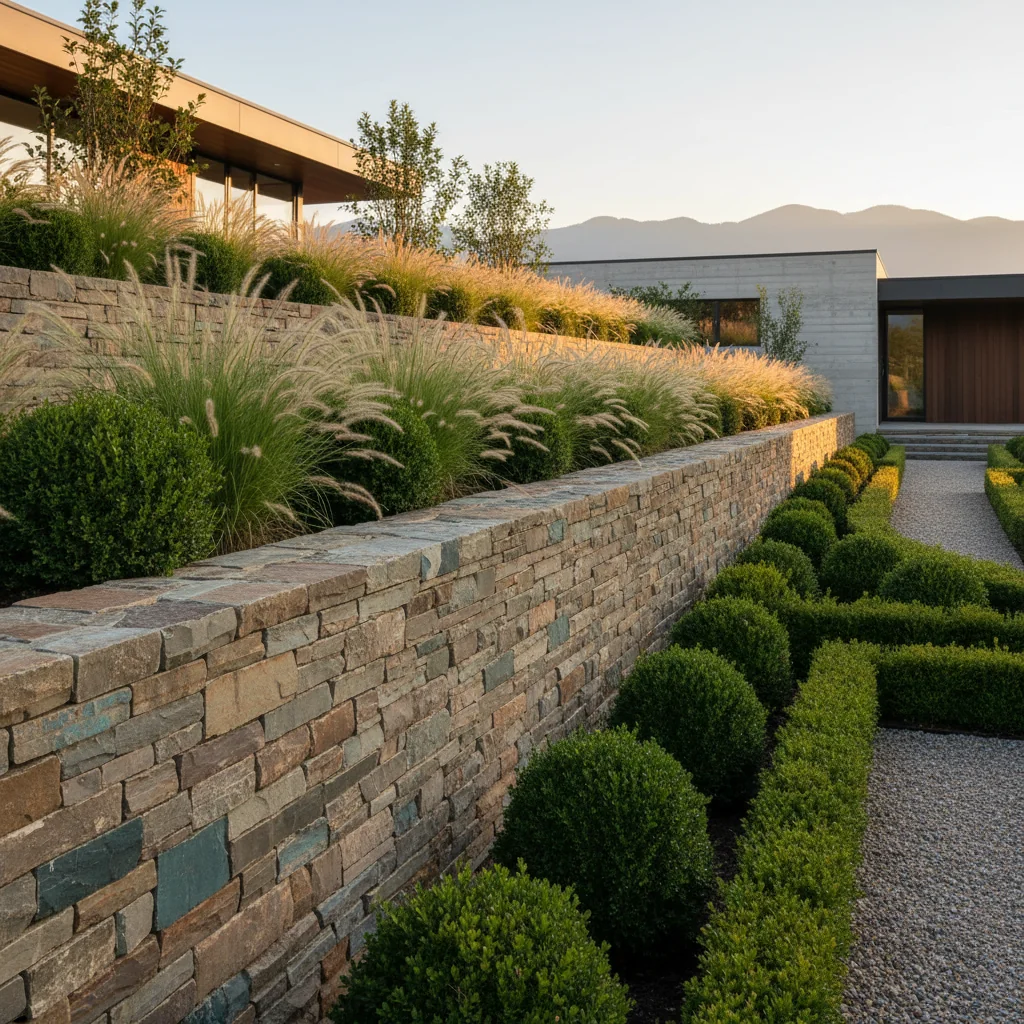 Natural stacked-stone retaining wall holding back a landscaped garden