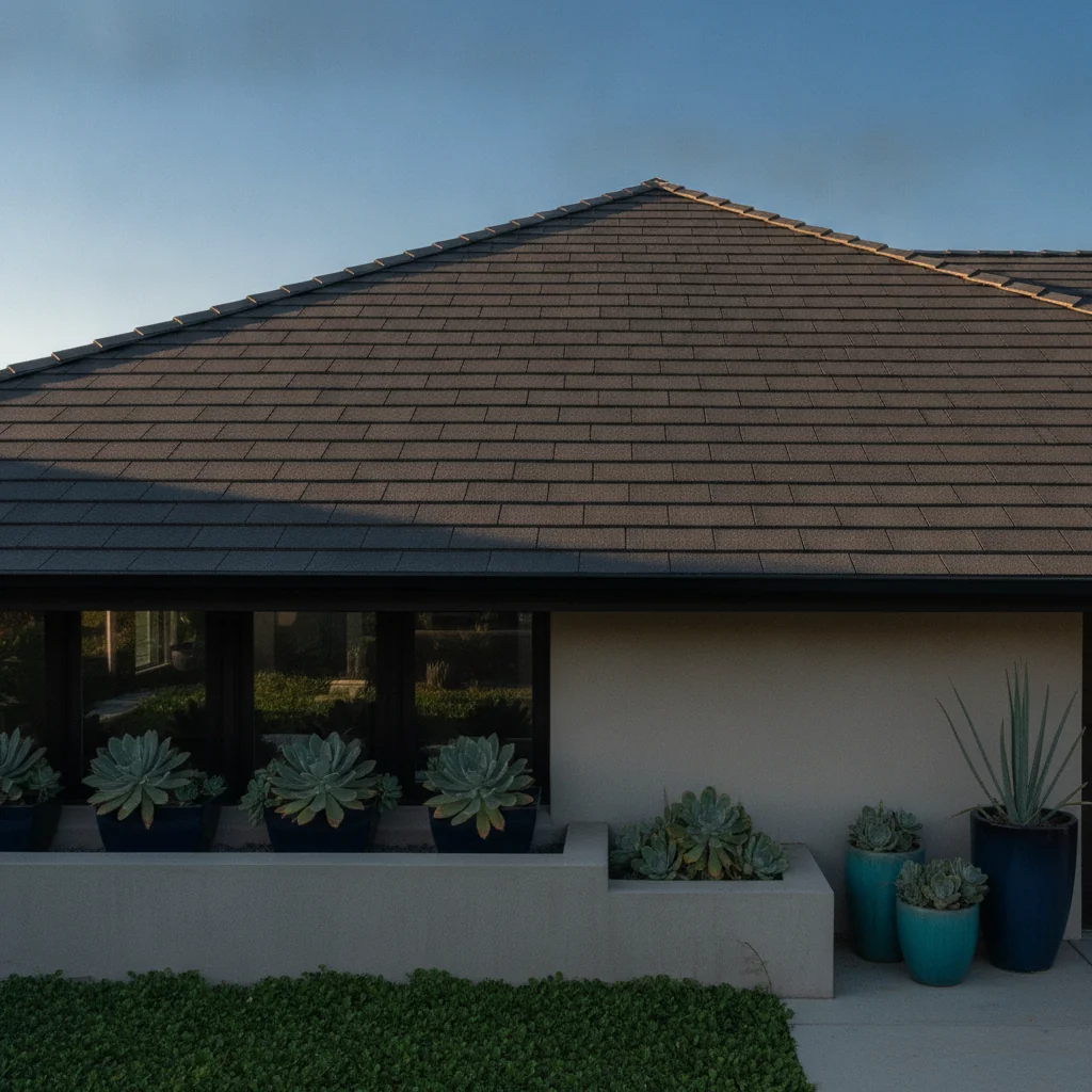 Architectural shingle roof being installed on a residential home with warm natural lighting