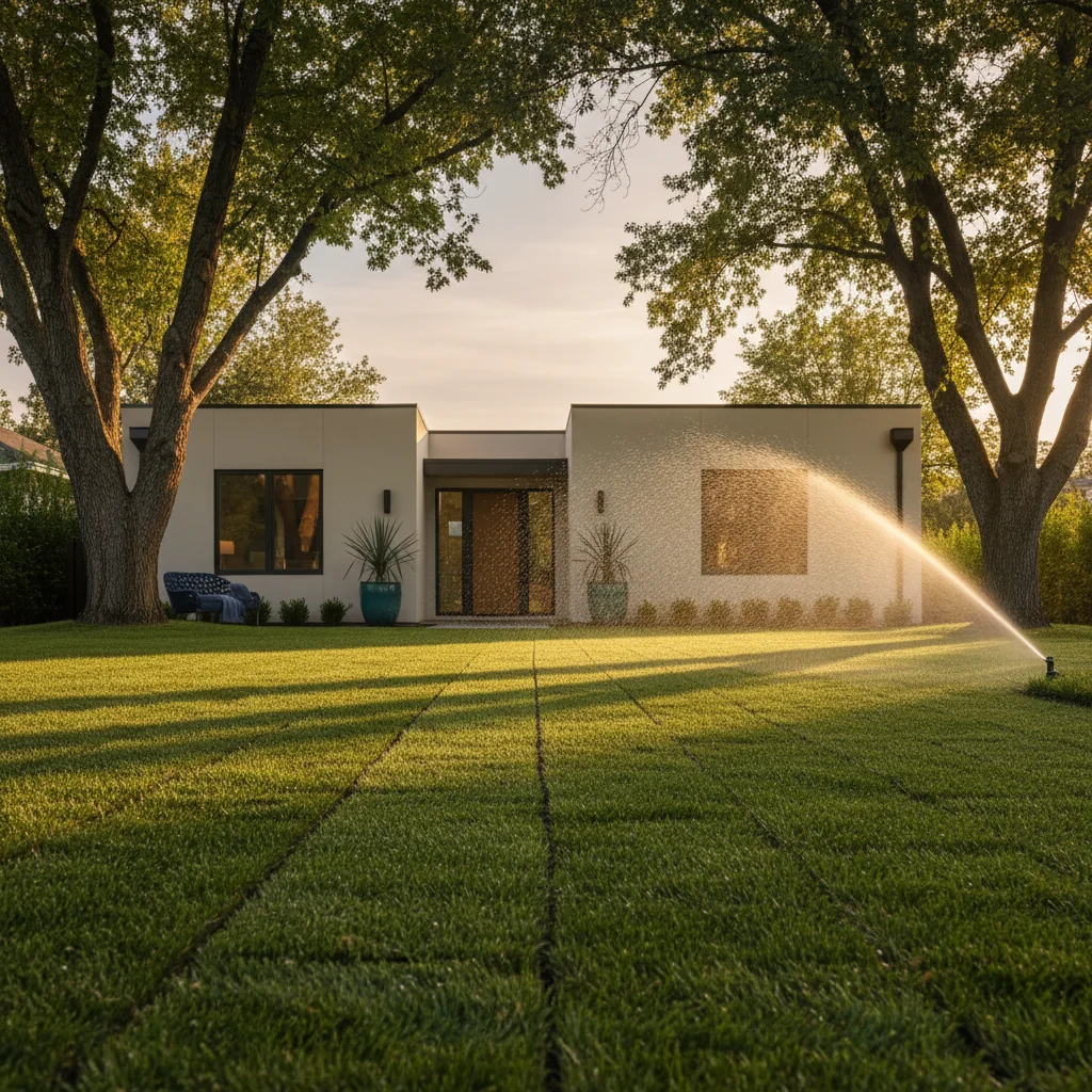 Freshly sodded front lawn at golden hour with crisp cut-lines