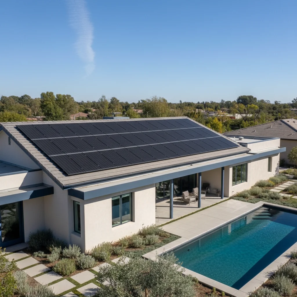 Modern home roof with full array of sleek all-black solar panels