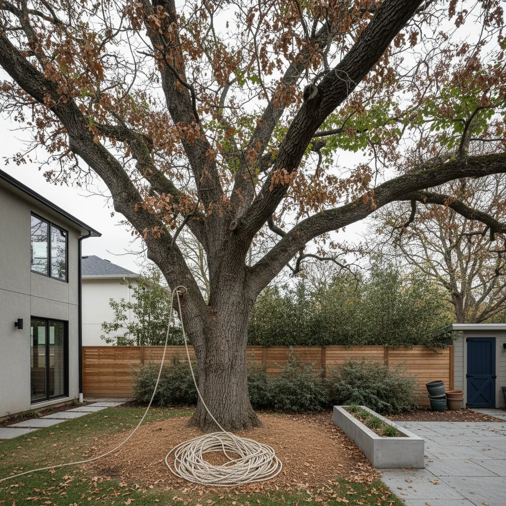 Mature oak tree in a suburban backyard being assessed for removal