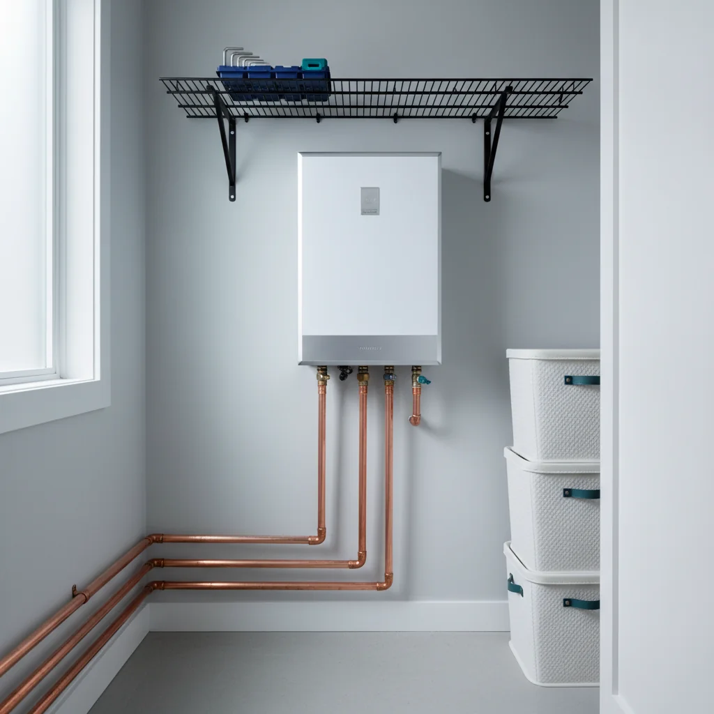 Modern utility closet with tankless water heater and neat copper piping