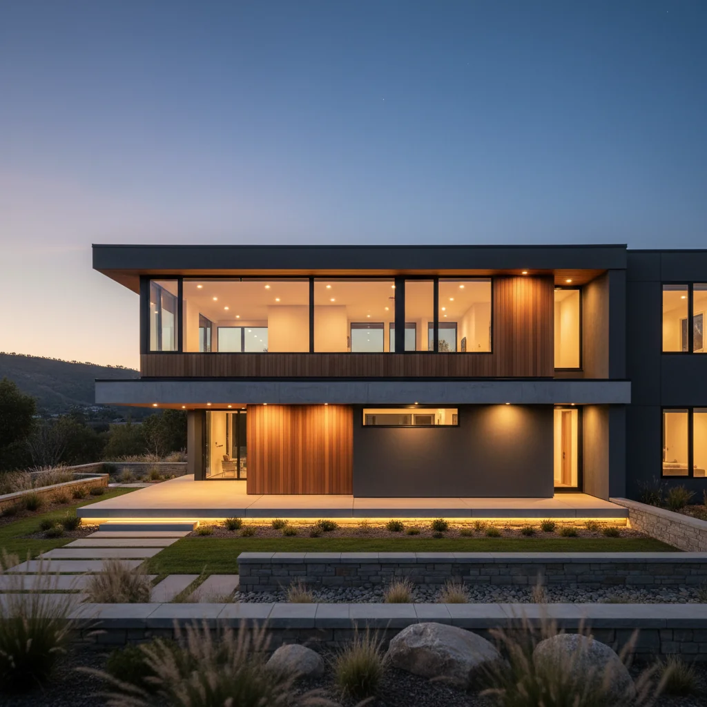 Modern home facade at dusk with freshly replaced dark-framed windows