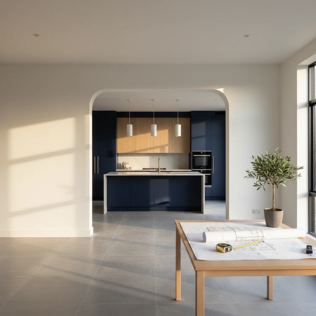 A modern open-plan home with an architecturally renovated kitchen visible through an archway, drafting table with blueprints in the foreground