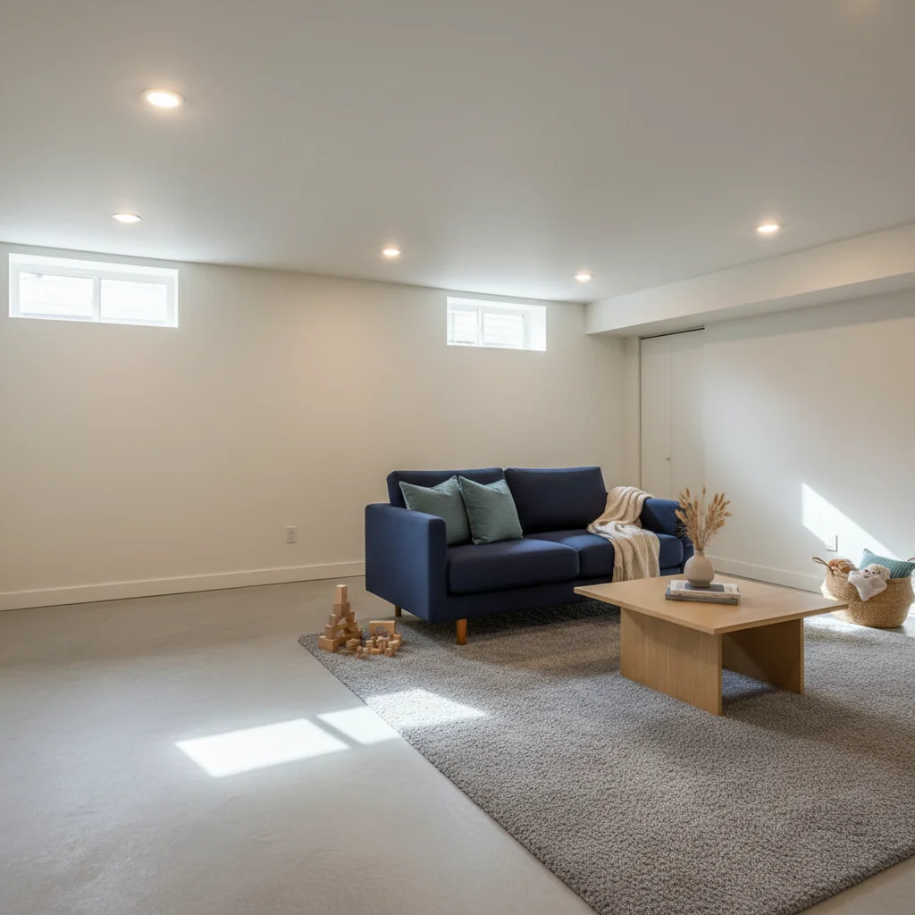 Basic basement finish with carpet/LVP, builder-grade materials, and basic lighting