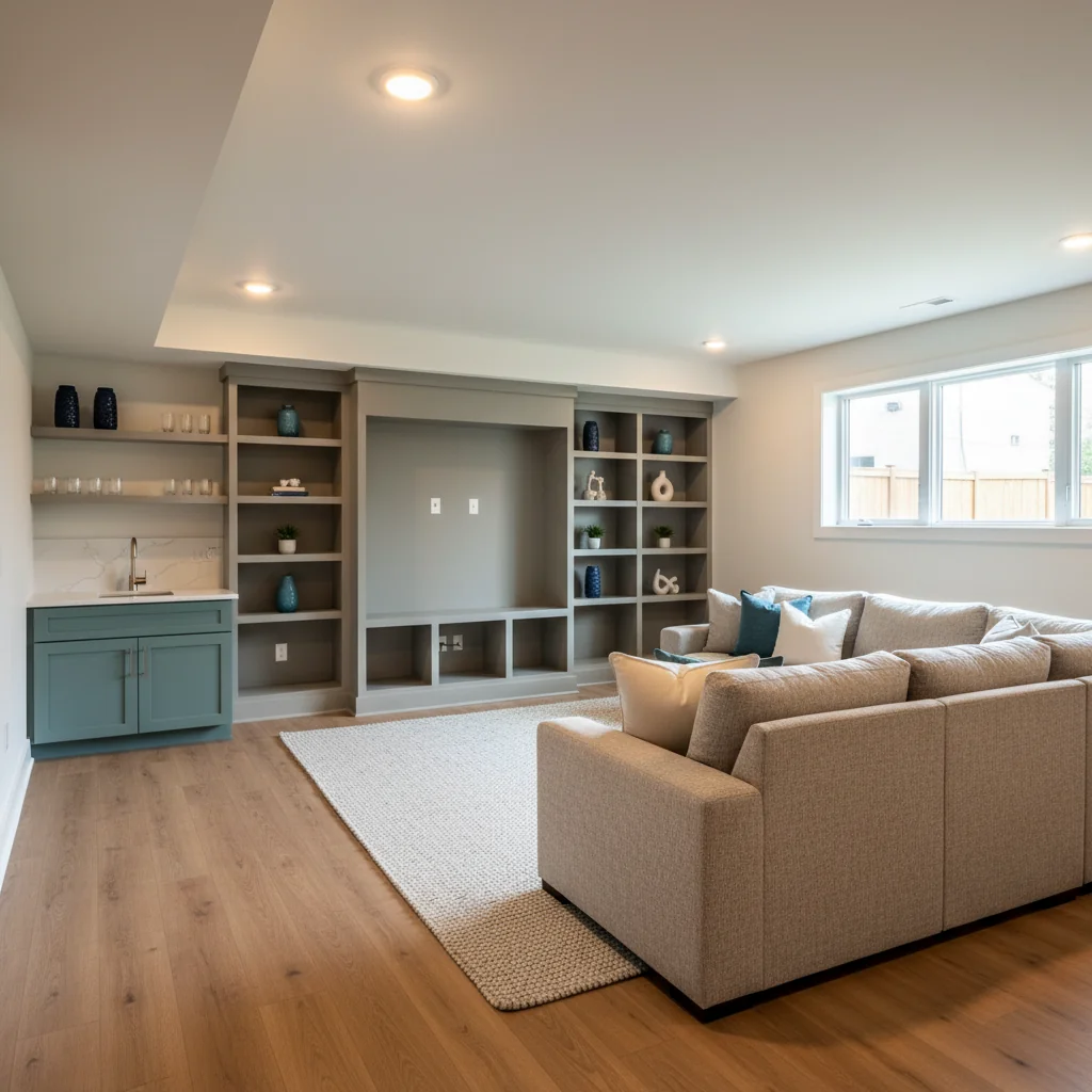 Mid-range basement with upgraded flooring, recessed lighting, and crown molding