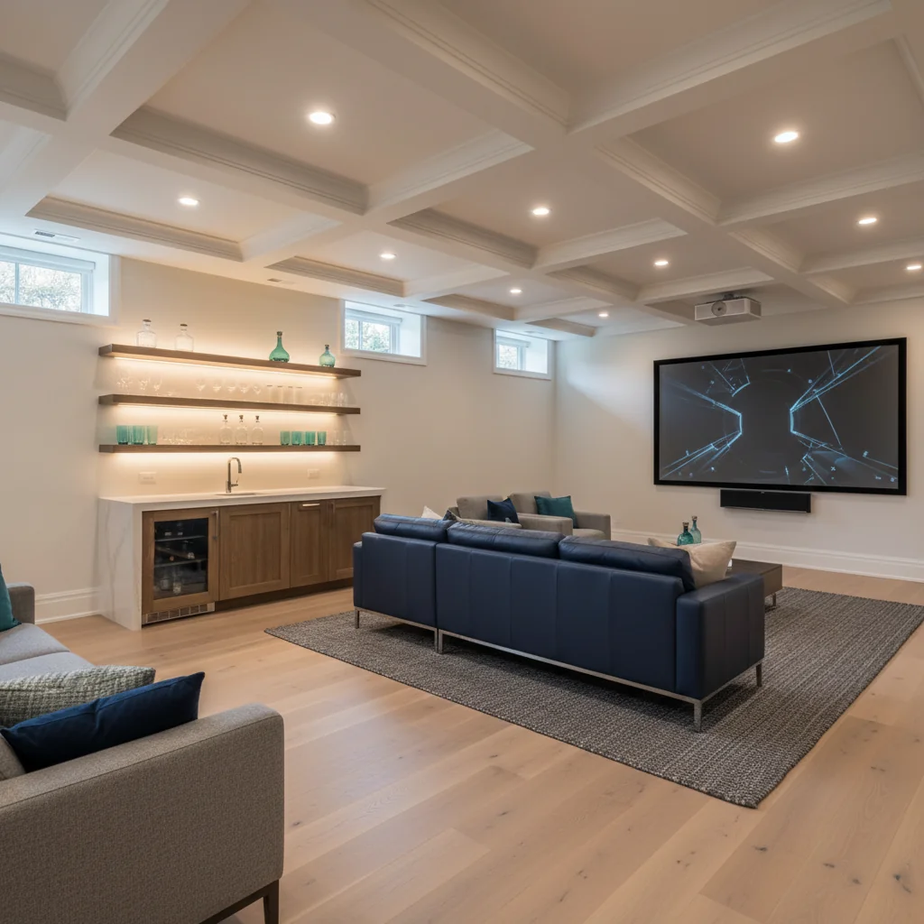Premium finished basement with hardwood/tile, home theater, and custom built-ins