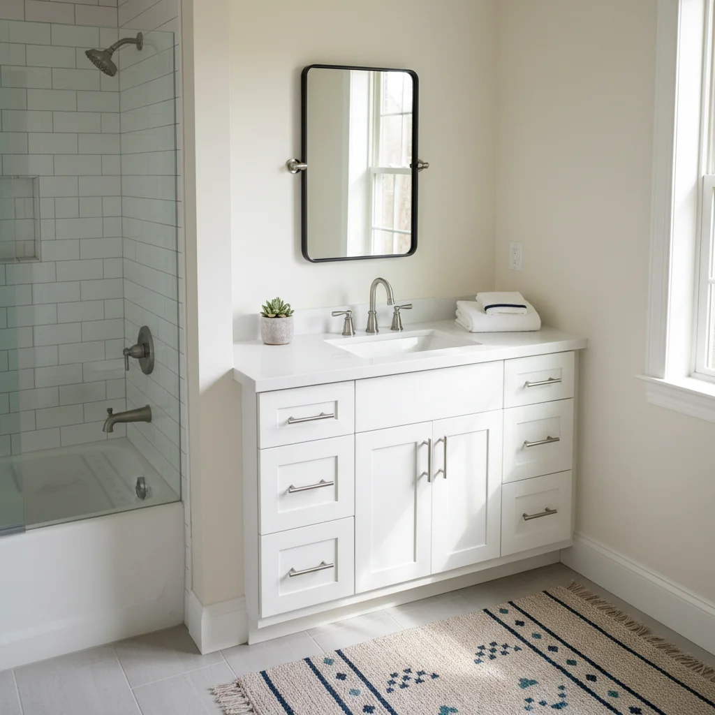 Budget bathroom remodel with ceramic tile, stock vanity, and basic fixtures