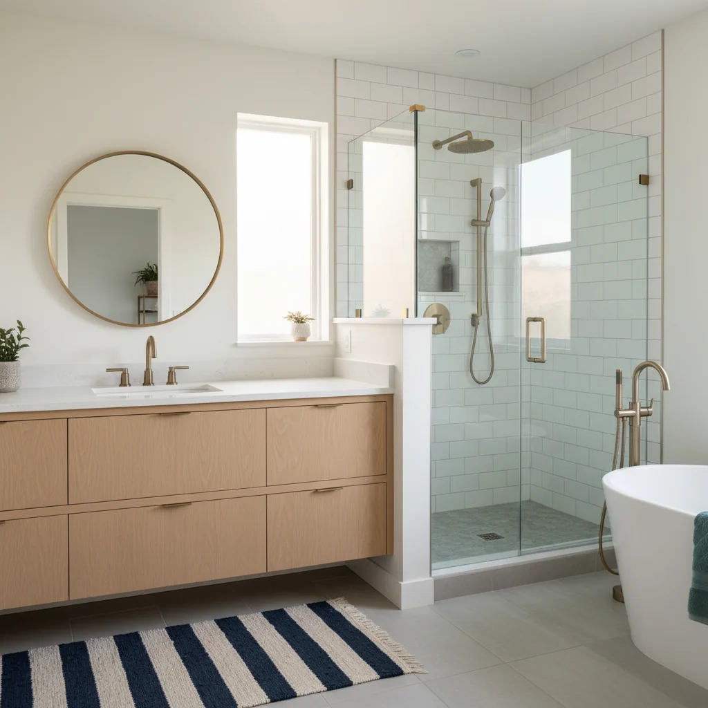 Mid-range bathroom with semi-custom vanity, porcelain tile, and glass shower door