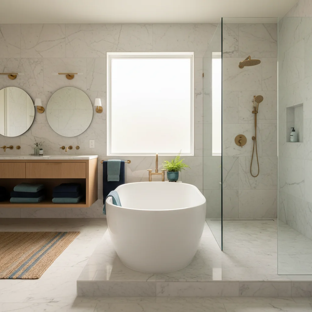 Upscale bathroom with custom vanity, natural stone, frameless glass, and heated floors
