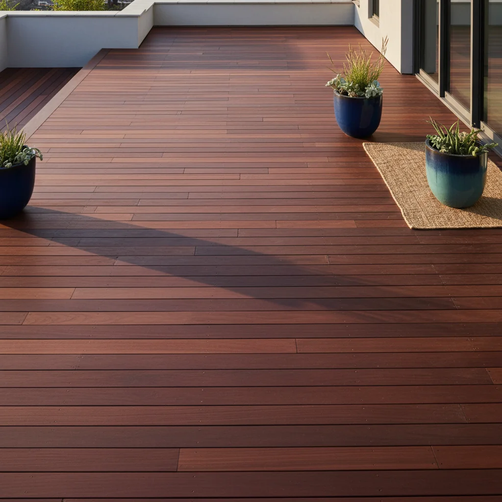 Redwood deck boards with rich red tone