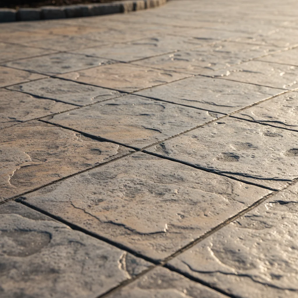 Stamped concrete driveway with decorative pattern