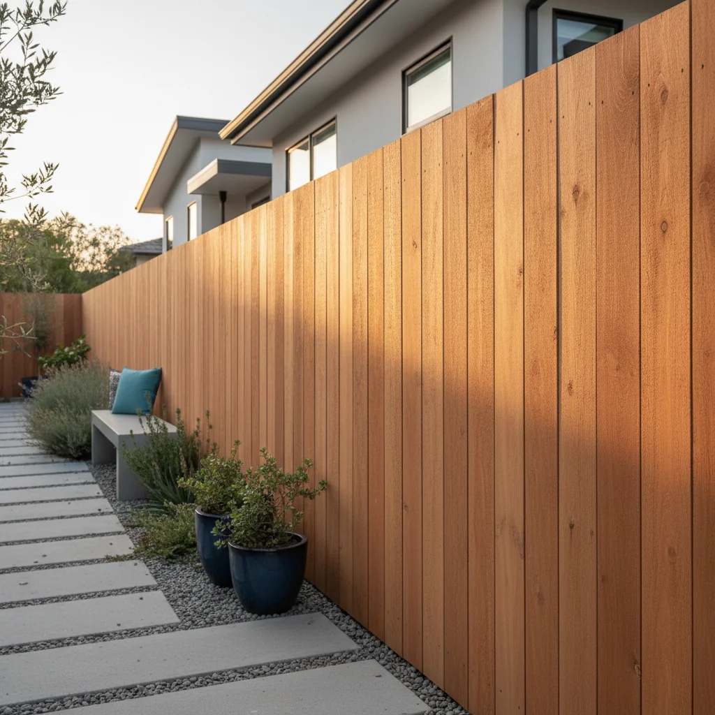 Wood privacy fence with vertical cedar or pine boards