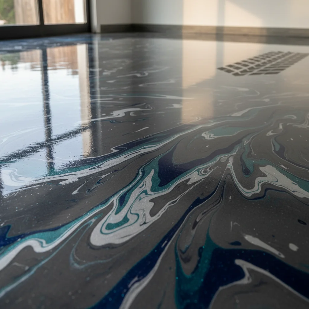 Premium polyaspartic or metallic garage floor coating with high-gloss finish