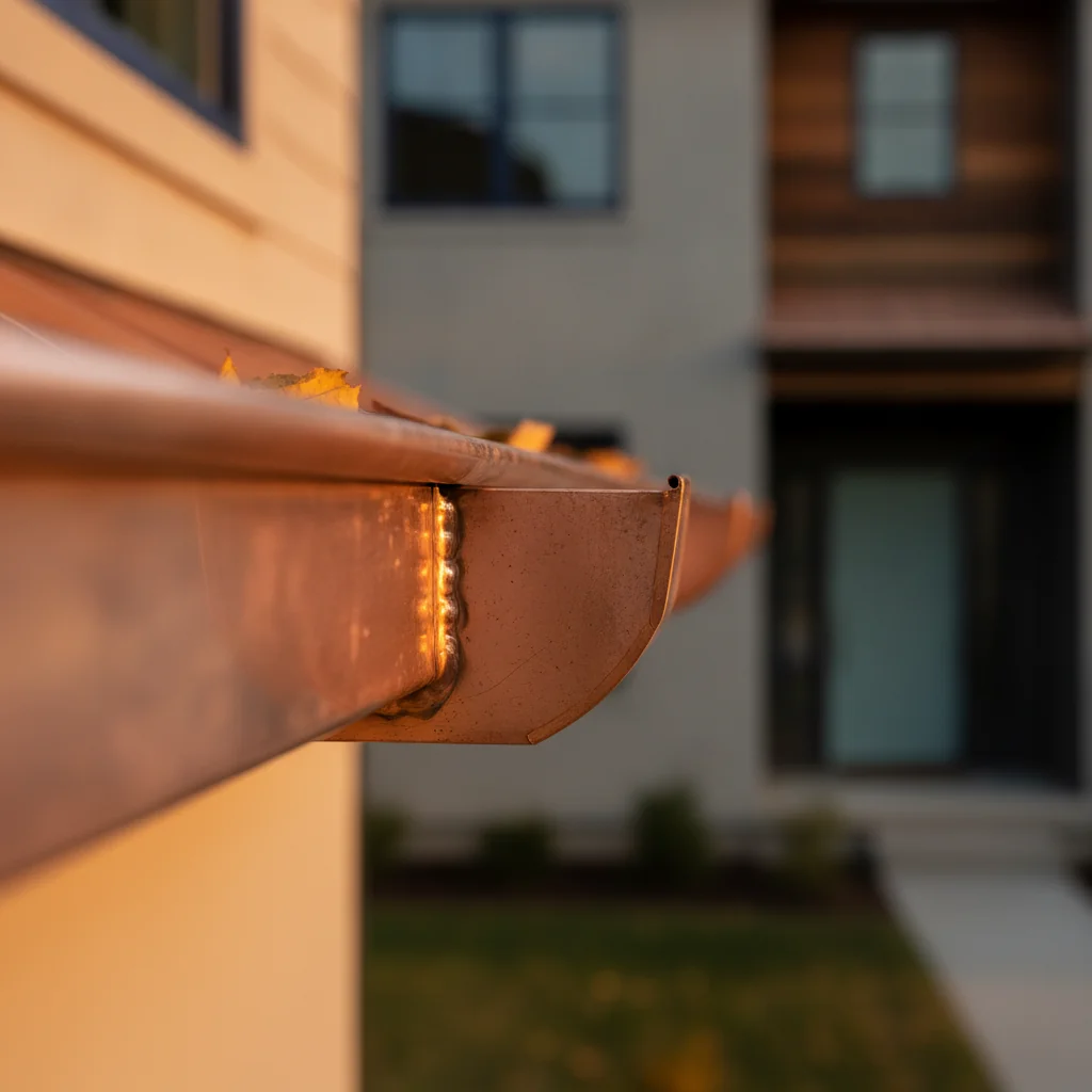 Copper K-style gutters with patina on a historic home