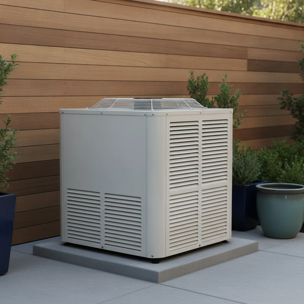 Central air conditioner condenser unit outside home