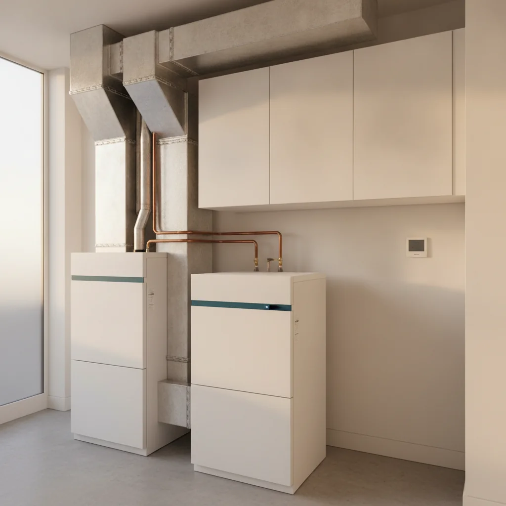 Gas furnace and AC unit in a basement utility room