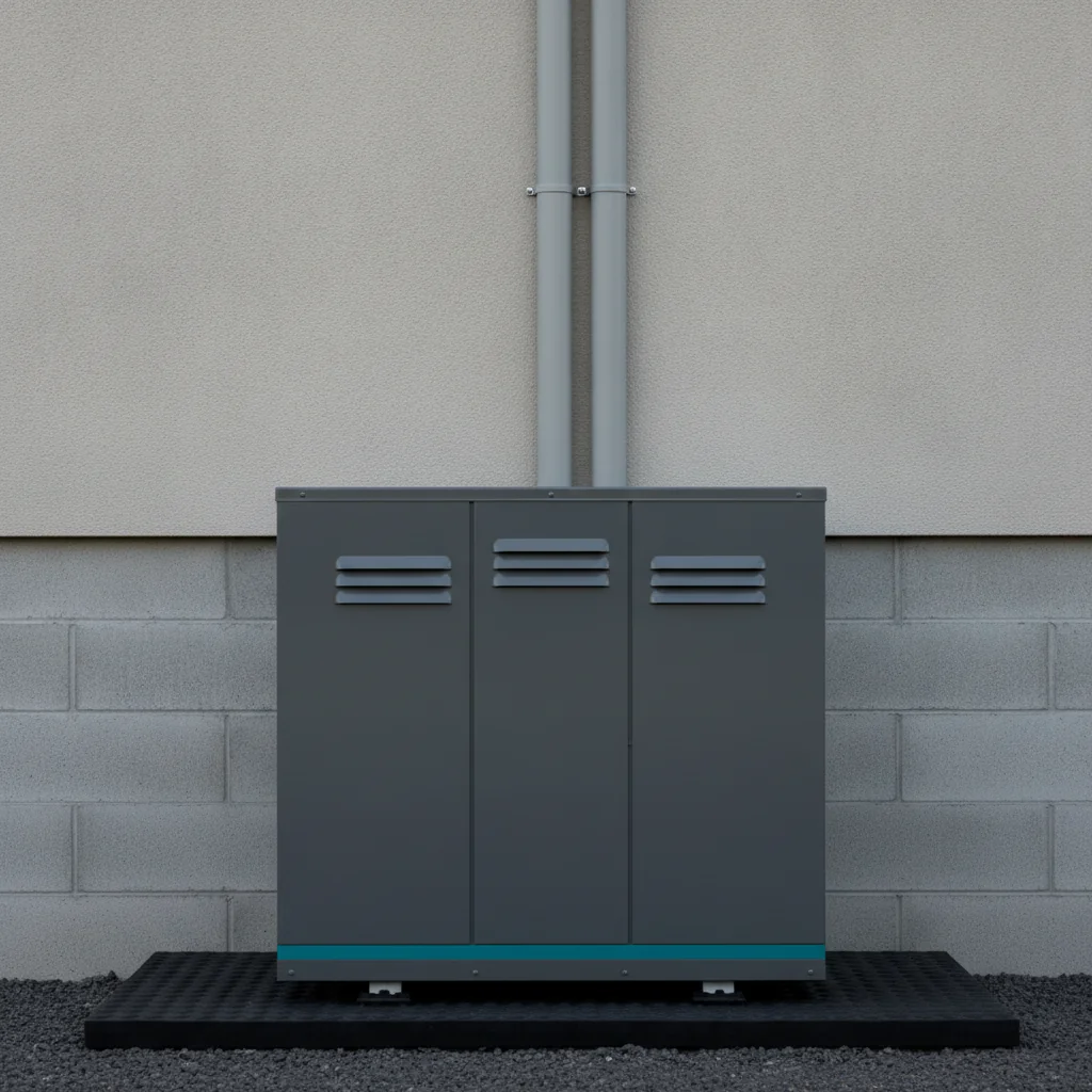 Air-source heat pump unit installed beside a house