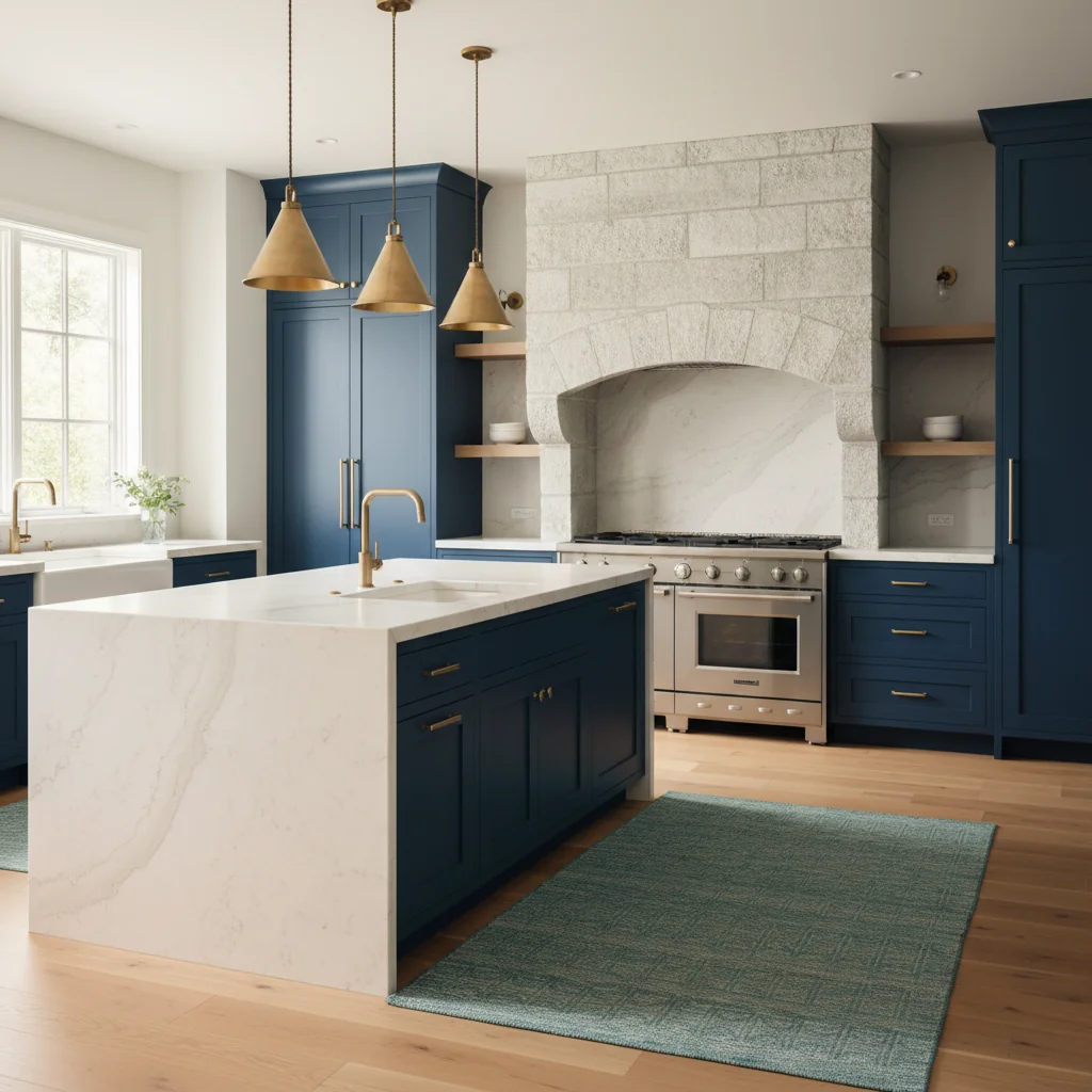High-end kitchen with custom navy cabinets, waterfall island, brass fixtures