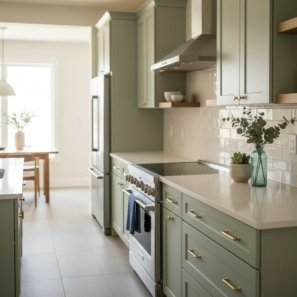Mid-range kitchen remodel with sage-green shaker cabinets, quartz counters, brass pulls