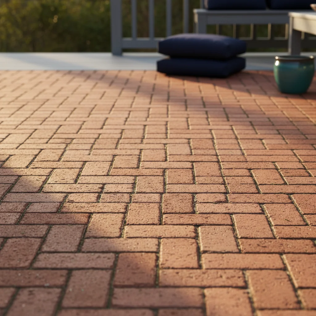 Brick paver patio in herringbone pattern