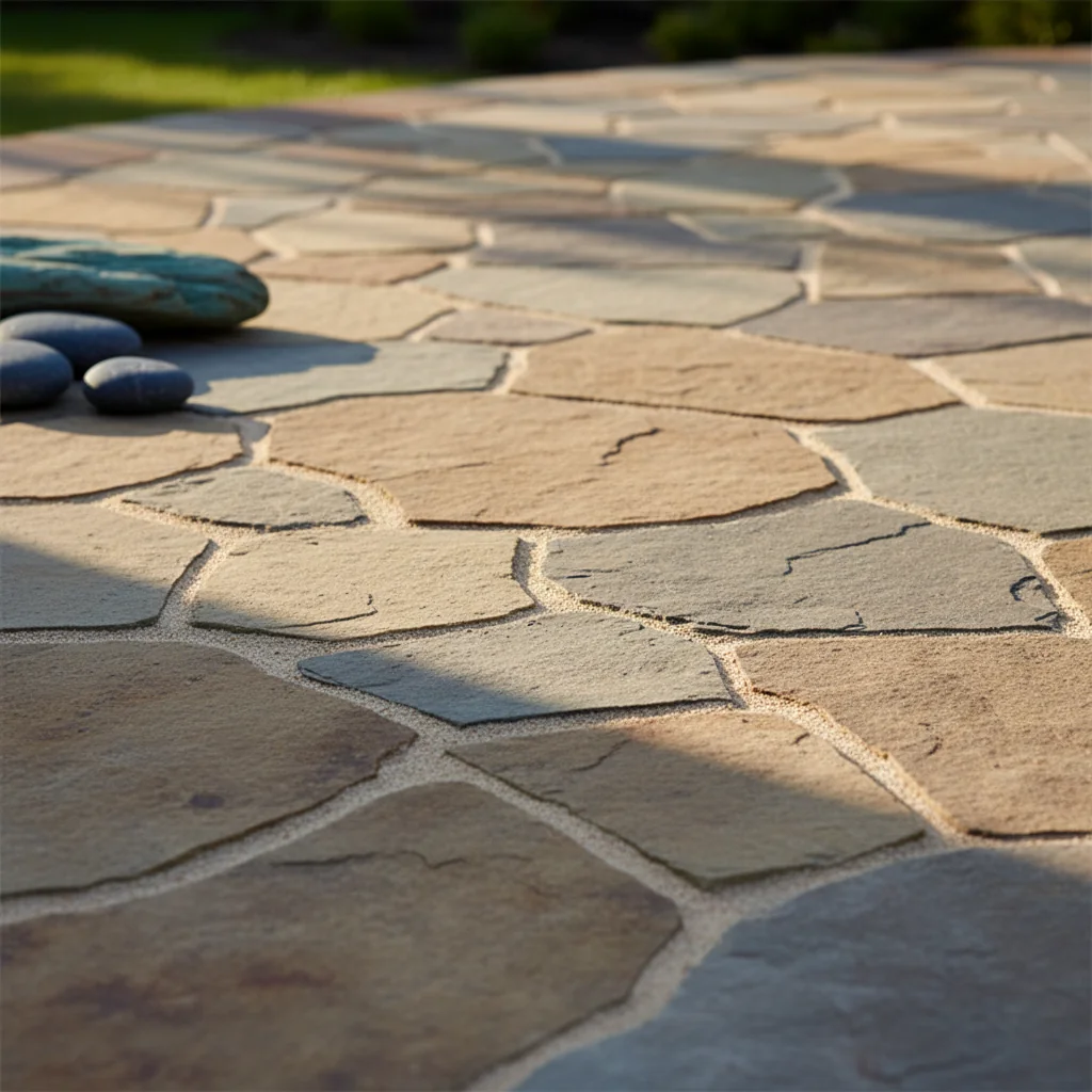Natural flagstone patio with irregular stone shapes